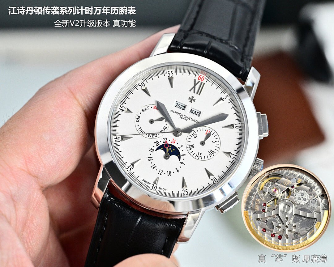Vacheron Constantin watch with white dial and black leather strap, angled view