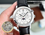 Vacheron Constantin watch with white dial, silver bezel, and black leather strap