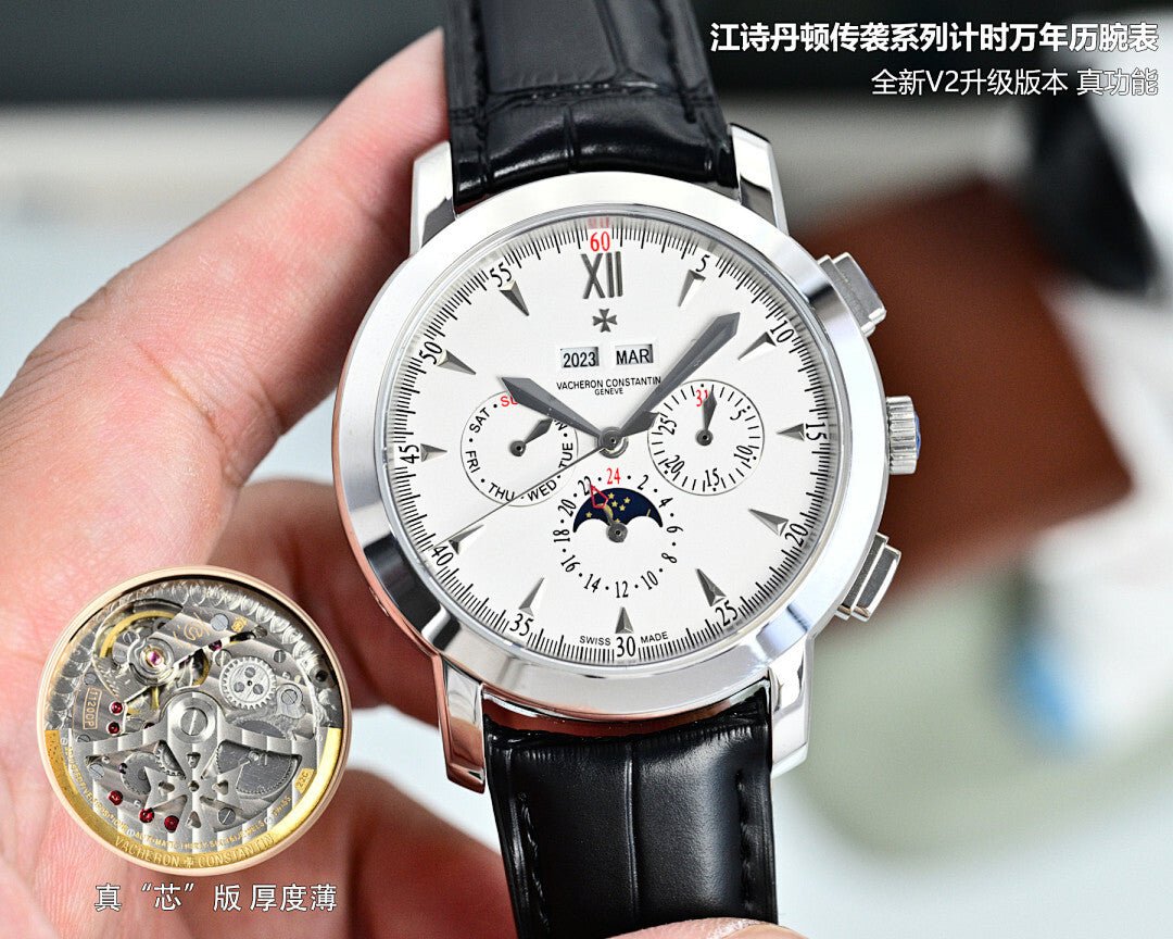 Vacheron Constantin watch with white dial, silver bezel, and black leather strap
