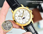 Gold wristwatch with white dial and black leather strap, gold markers and subdials