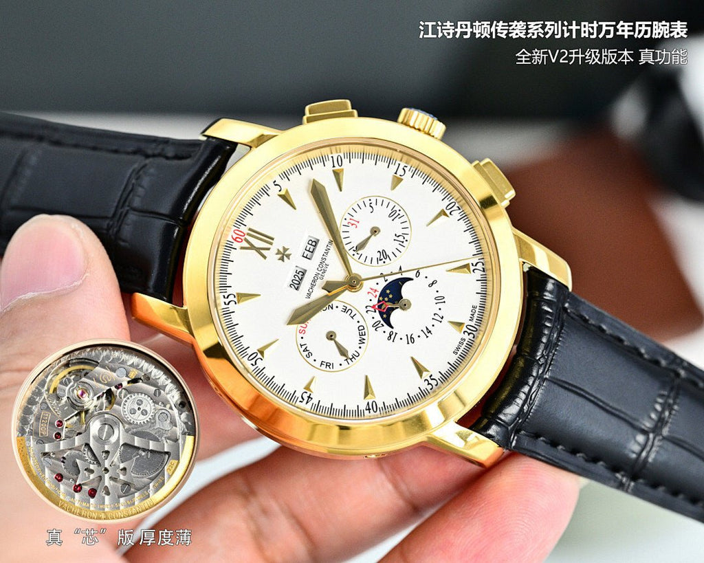 Gold wristwatch angled view with white dial, black leather strap and gold case