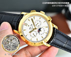 Gold wristwatch angled view with white dial, black leather strap and gold case
