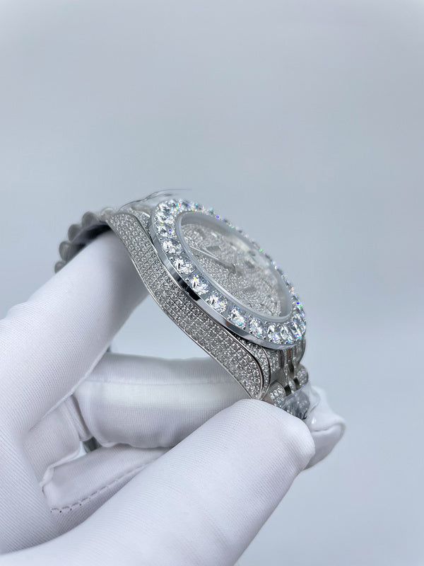 Diamond bezel watch case side view with crown