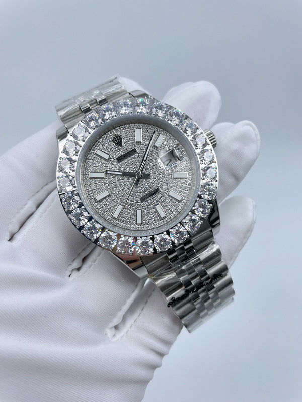 Rolex watch front view with diamond bezel, gray dial, silver-tone link bracelet