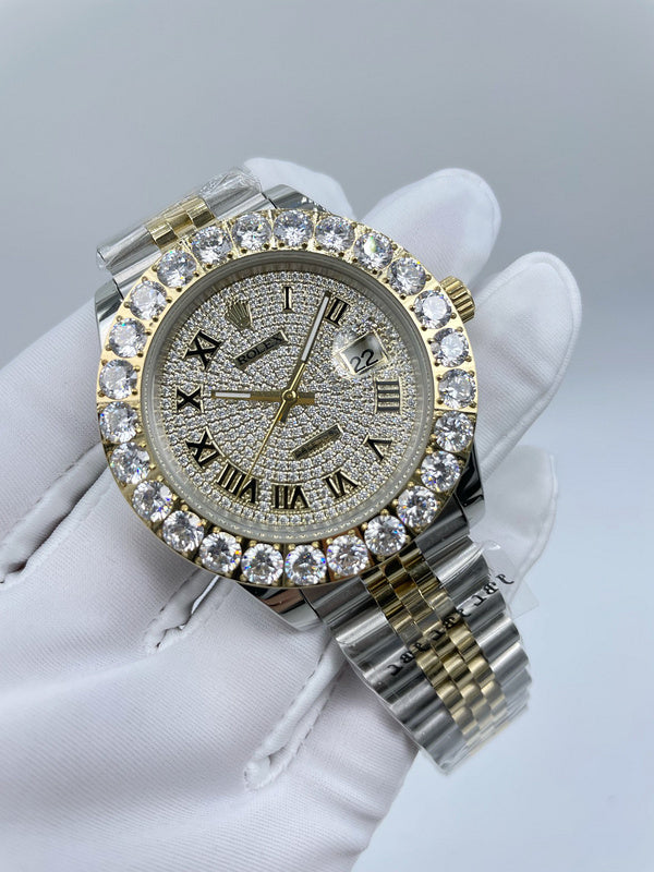 Rolex watch with diamond bezel and gray dial, Roman numerals and date window