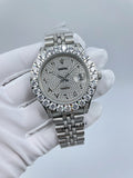 Diamond bezel wristwatch with silver-tone bracelet, grey dial, white glove