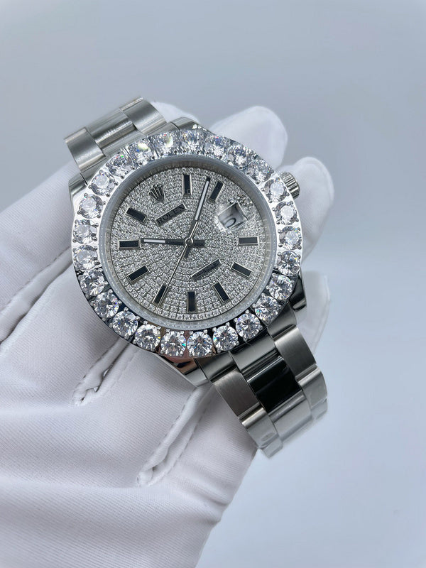 Rolex watch three-quarter view, sparkling bezel stones and gray dial