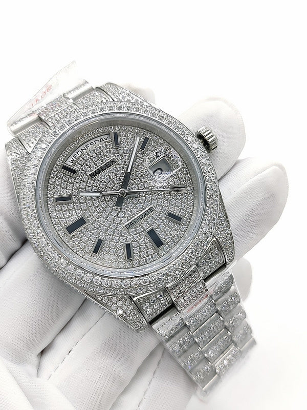 Rolex diamond-accent watch angled view with silver dial and Roman numeral markers