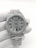 Rolex diamond-accent watch front view with silver dial, Roman numerals, and bezel