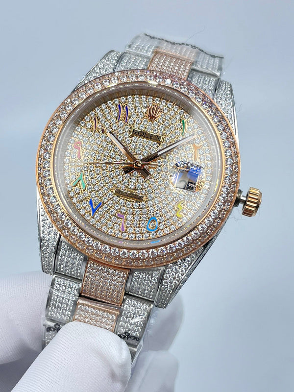 Rolex watch front view with diamond bezel, multicolor dial, and metal mesh bracelet