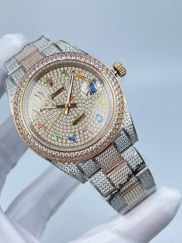 Rolex watch three-quarter view with diamond bezel, multicolor dial, and sparkly metal bracelet