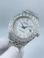 Rolex Datejust diamond bezel watch with white dial, roman numerals, and date window at 3