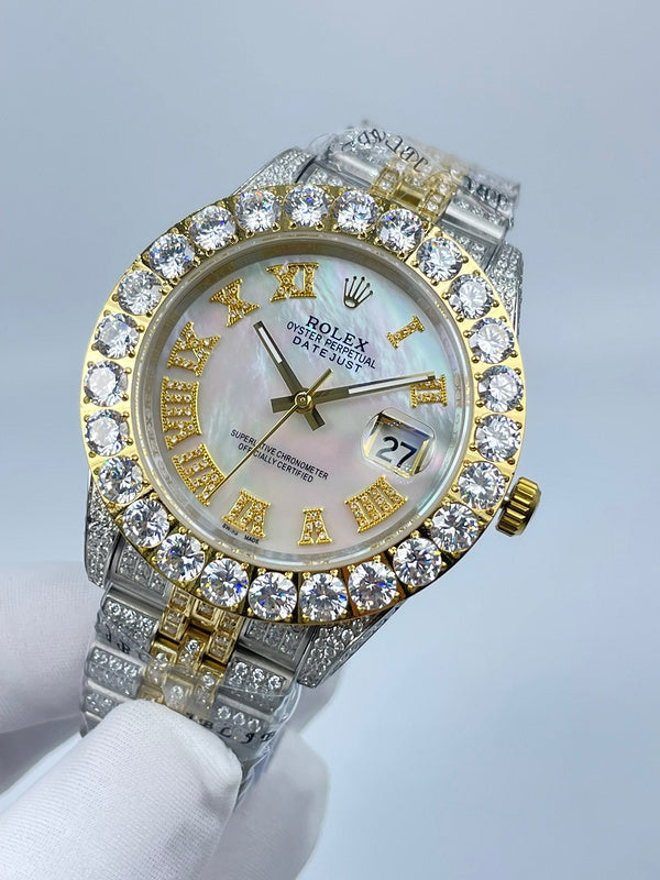 Rolex Datejust watch with diamond bezel, white dial, gold markers, and date window