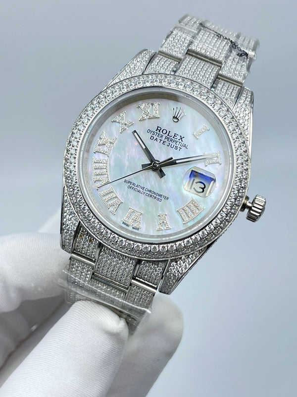 Rolex Datejust watch dial close-up with Roman numerals and date window