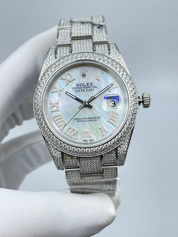 Rolex Datejust watch with mother-of-pearl dial, diamond bezel and silver diamond bracelet