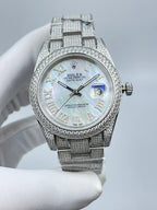 Rolex Datejust watch with mother-of-pearl dial, diamond bezel and silver diamond bracelet