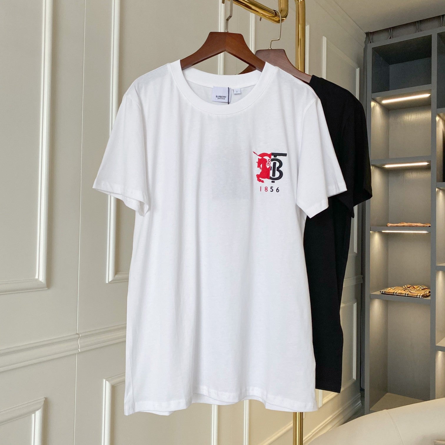 White Burberry logo T-shirt with red and black crest and 1856 print