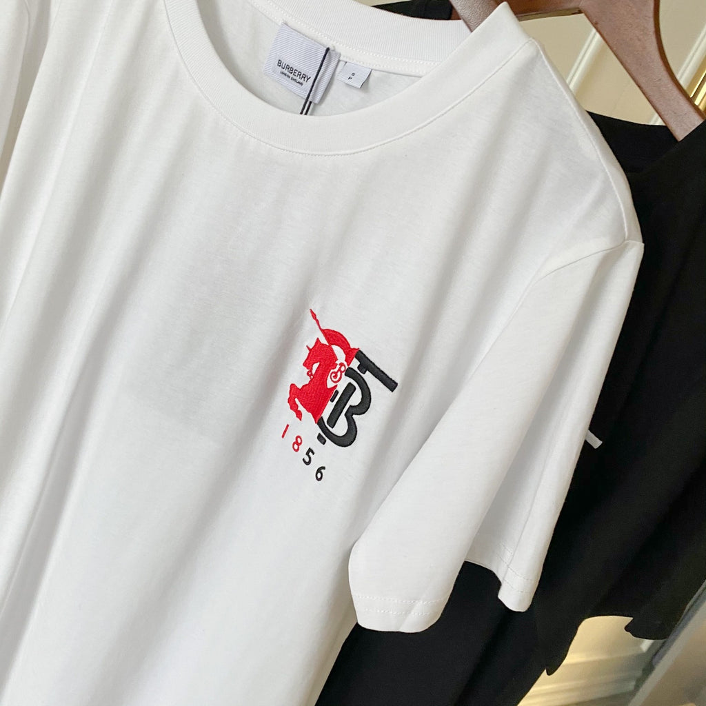 White Burberry logo T-shirt with red/black chest emblem and neck tag