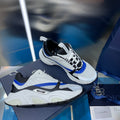 Dior unisex sneakers, white mesh with black and blue stripes, lace-up design