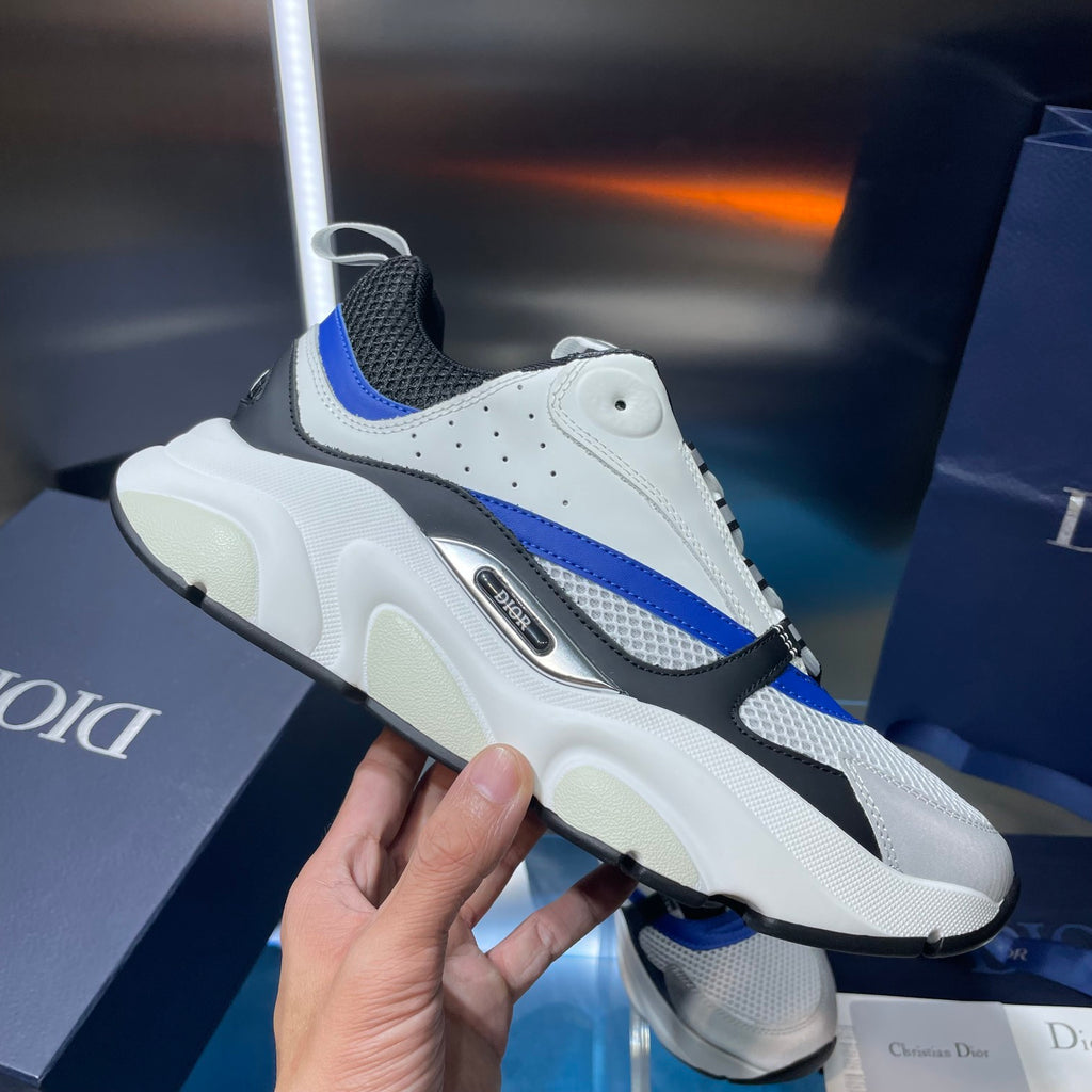 Dior unisex sneakers, white upper with black sock and blue stripe, chunky sole