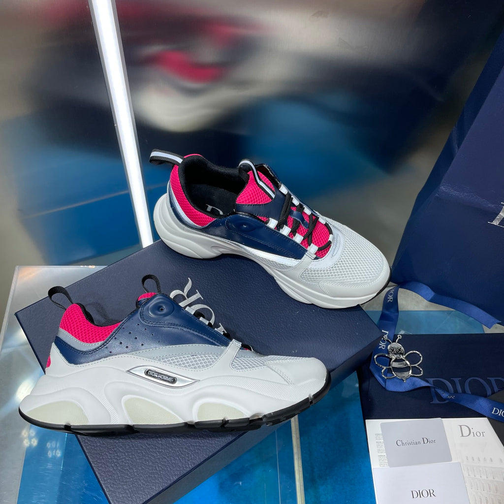 Unisex Dior sneakers in white, navy and bright pink with lace-up uppers