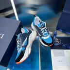Dior unisex sneakers, blue mesh with navy panels, white sole and orange trim