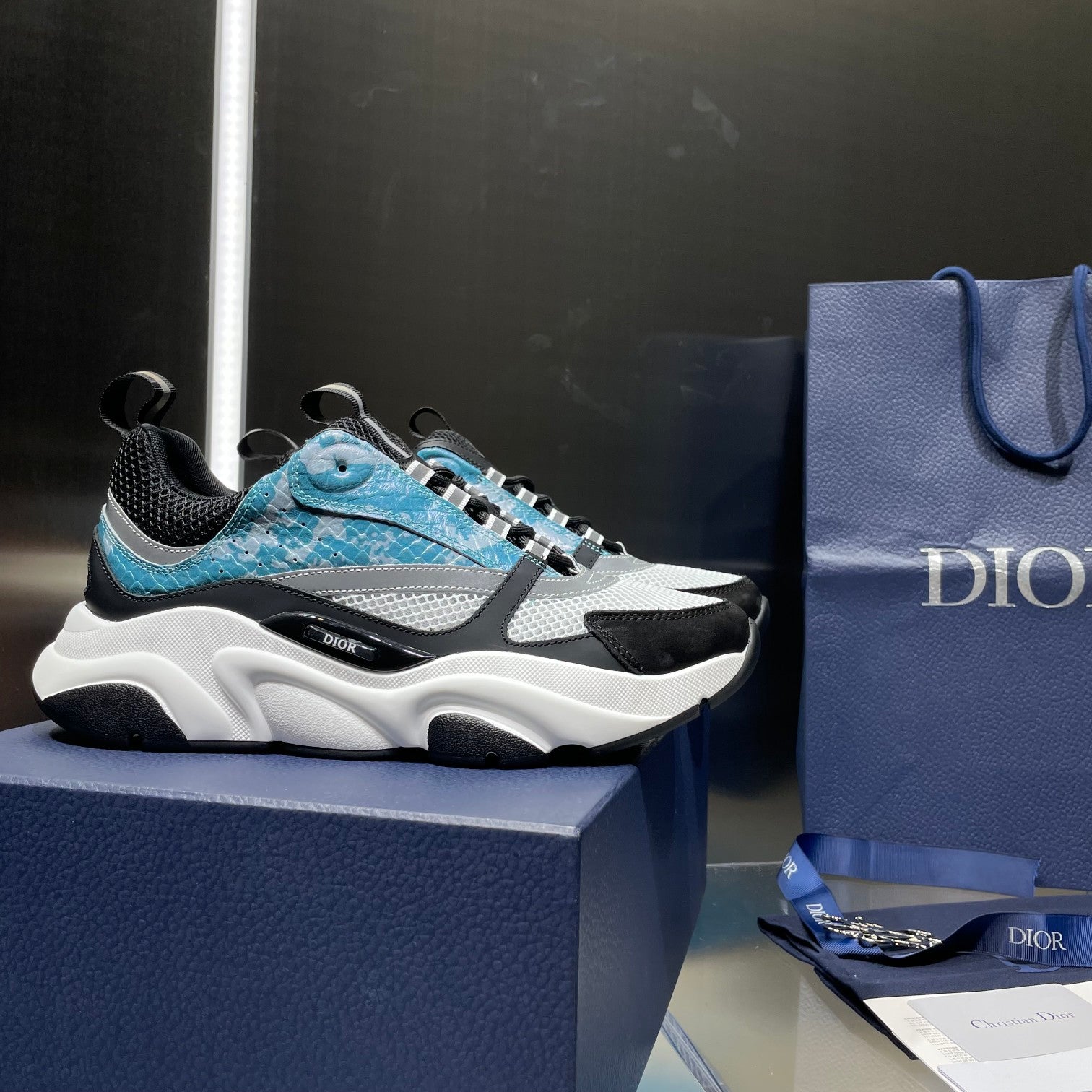 Dior unisex sneakers with white mesh panels, black uppers, and light blue accents