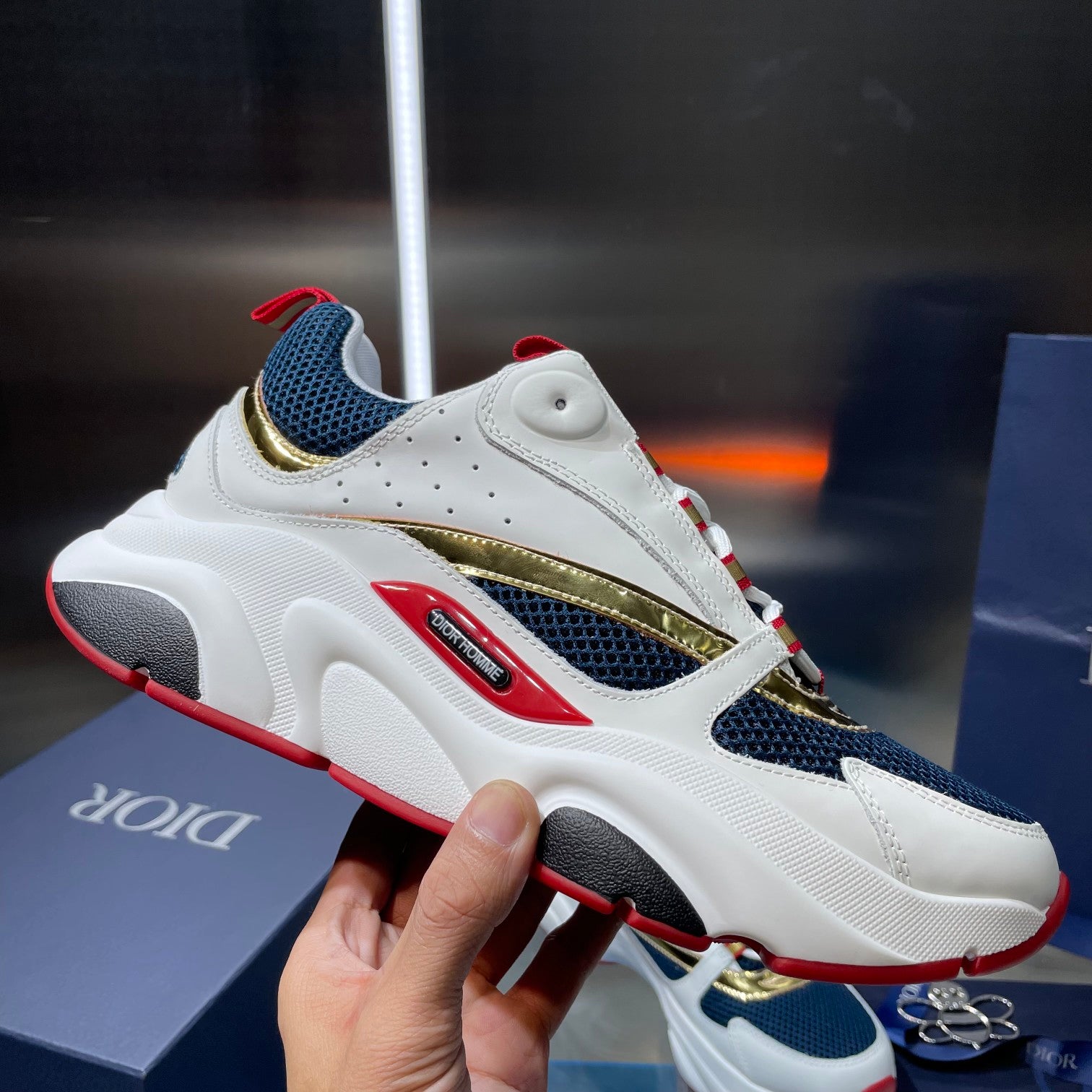 Dior unisex low sneakers, white sole with navy and gold side panel