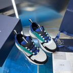 Dior unisex lace-up sneakers, teal and blue upper with black trim and white platform sole