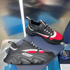 Unisex Dior lace-up sneakers, black mesh, red panels, white stripe, chunky sole