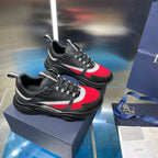 Unisex Dior lace-up sneakers pair, black and red colorblock with white stripe details