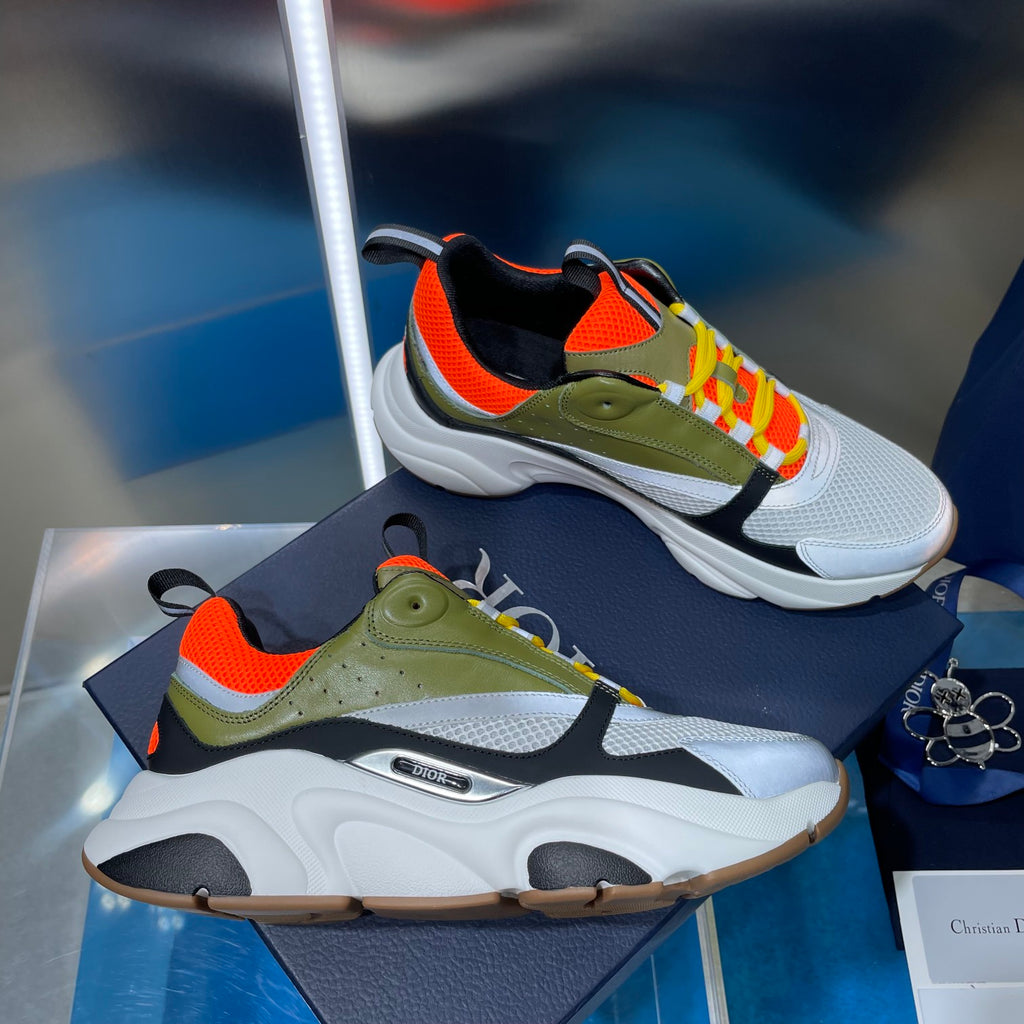 Dior unisex sneakers, white sole with olive upper, orange accents and multicolor laces