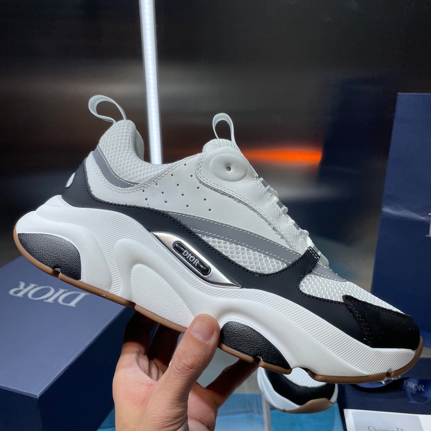 Unisex Dior sneakers, white knit with black side stripe and tan rubber outsole