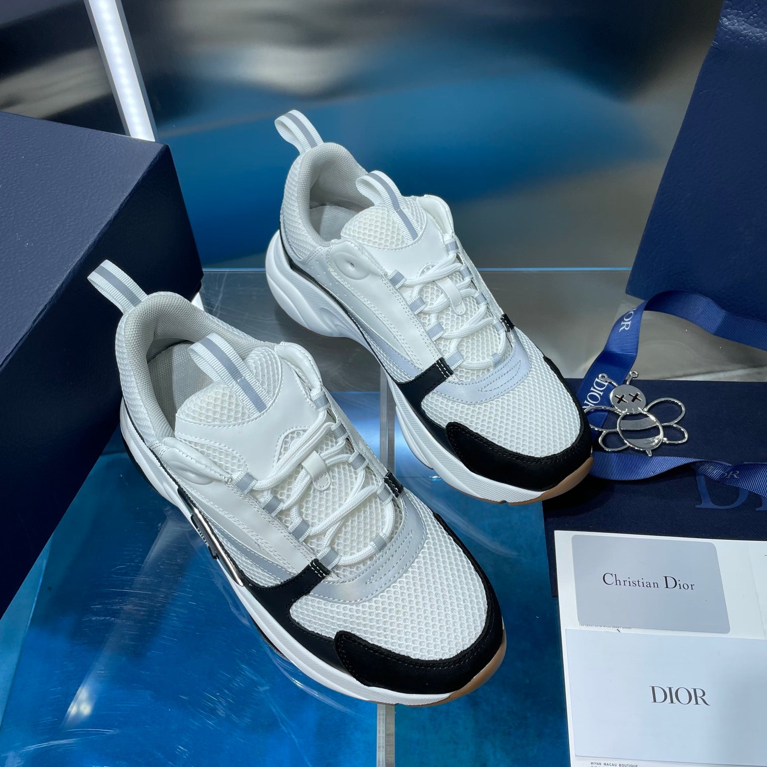 Unisex Dior sneakers, white knit with black side stripe and cushioned chunky sole
