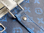 Blue monogram duffel bag close-up with white metal snap and stitched trim.
