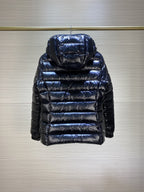 Dark puffer jacket with hood, quilted back paneling and long sleeves