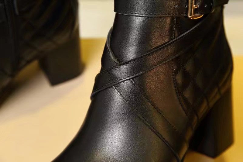 Black leather ankle boot upper with quilted diamond stitching