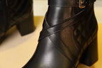 Black leather ankle boot upper with quilted diamond stitching