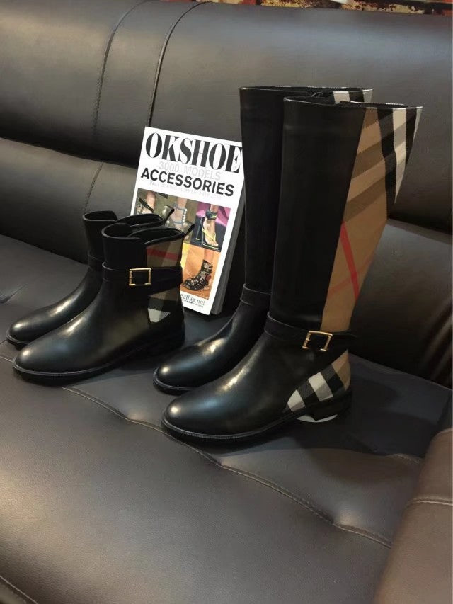 Black leather tall and ankle boots with gold-tone buckles and plaid side accents