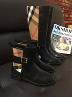 Black leather boot set with tall and ankle boots, featuring plaid panels and gold buckles