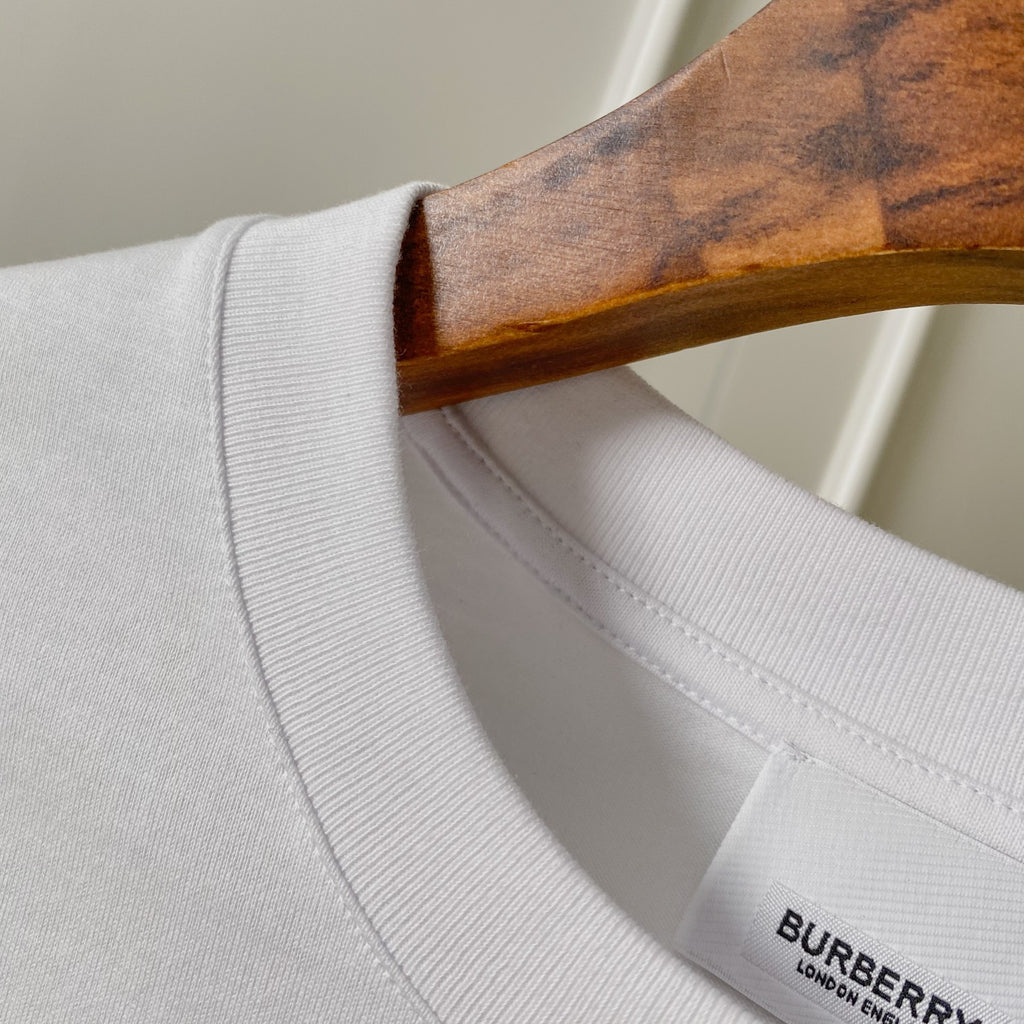 White Burberry T-shirt collar and inner neck label detail, close-up