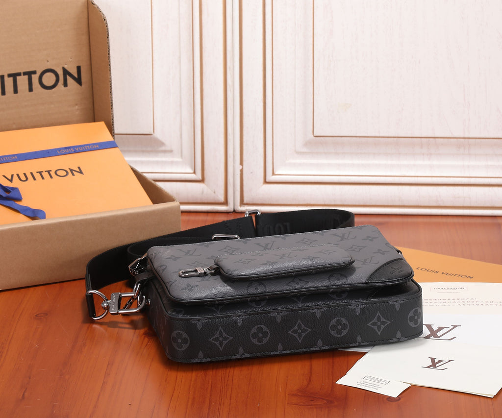 Louis Vuitton men's crossbody bag with dark monogram canvas, front pocket, and strap