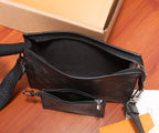 Men's Louis Vuitton monogram crossbody bag open top with visible lining and zip track