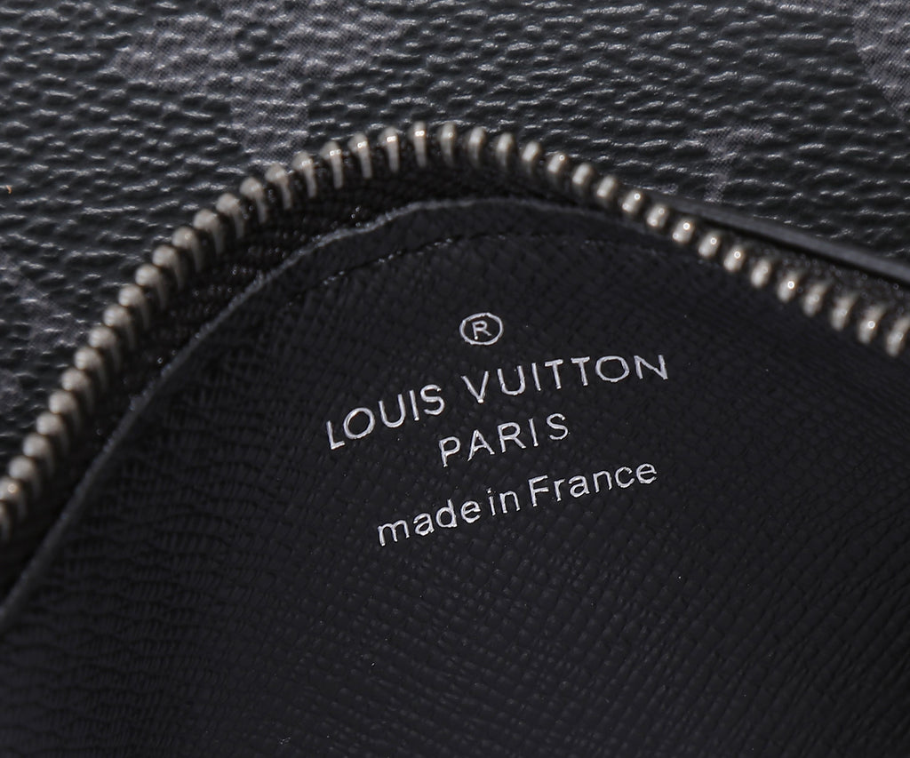 Louis Vuitton made in France interior label on black leather lining