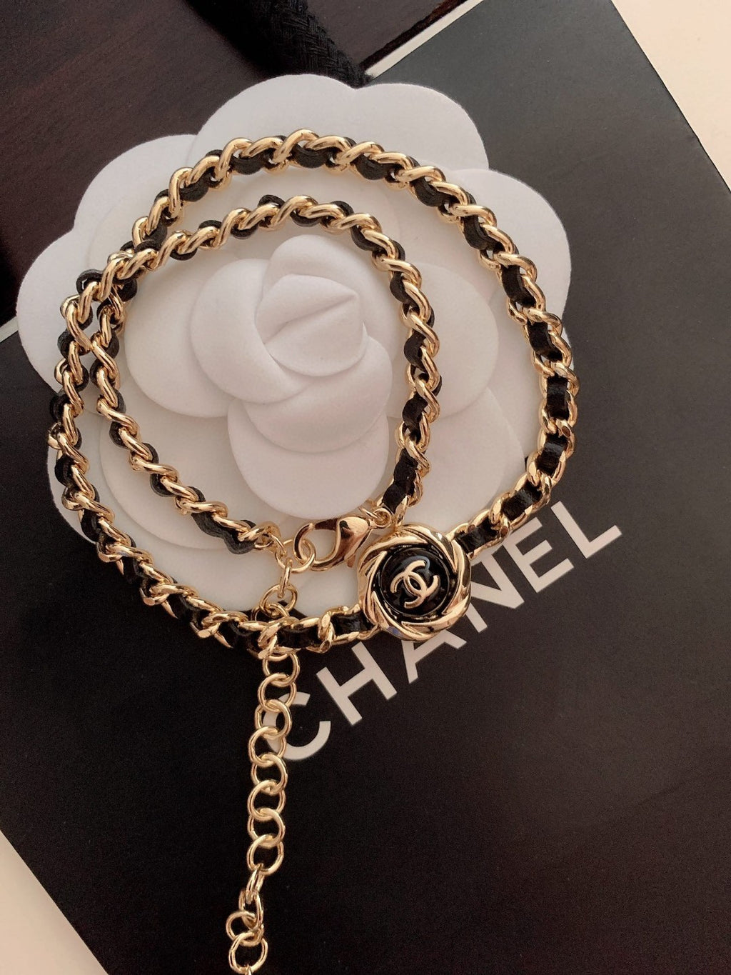 Gold-tone chain necklace with CC charm and dangling chain detail