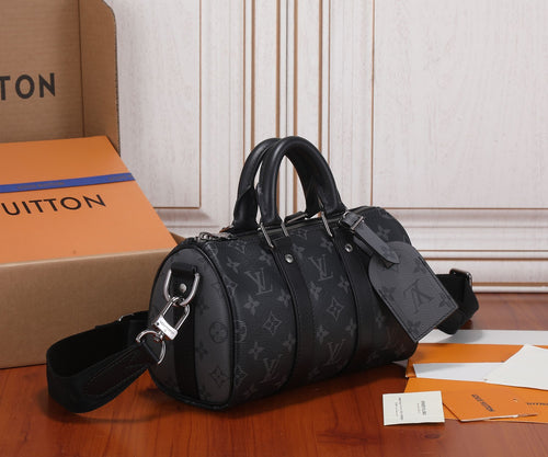 Men's Louis Vuitton monogram satchel with top handles and shoulder strap, dark.