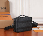 Men's Louis Vuitton monogram briefcase bag, angled view with shoulder strap