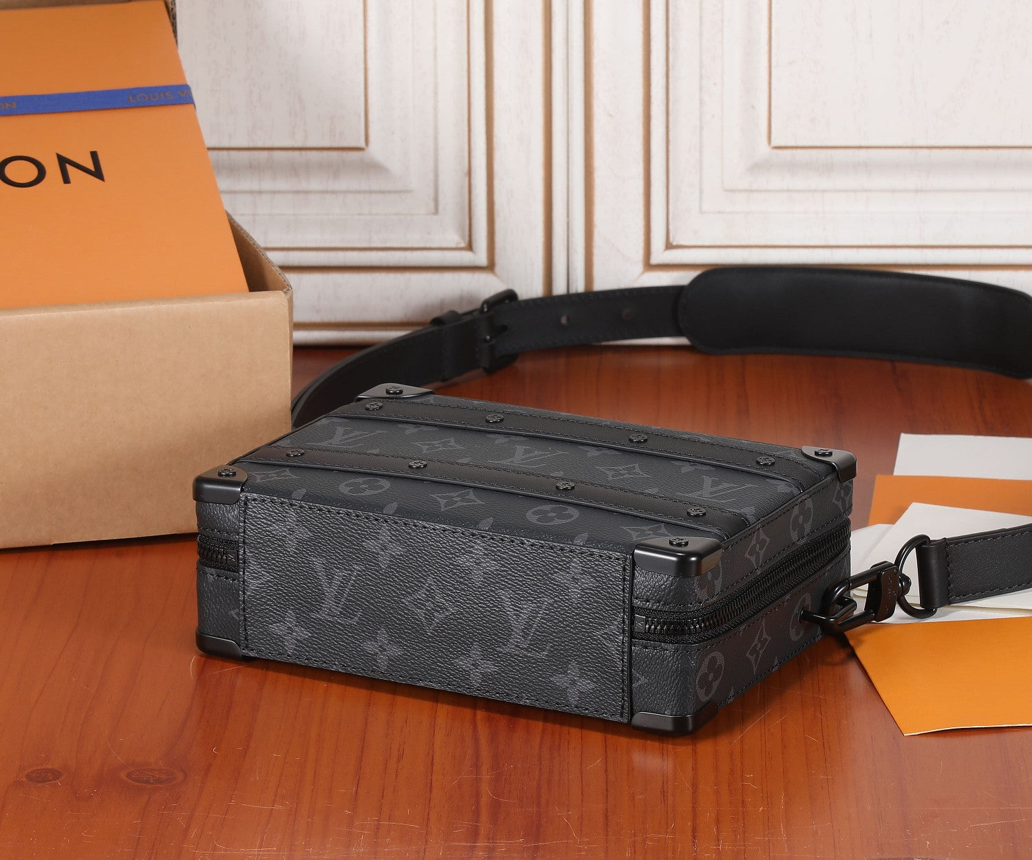 Louis Vuitton monogram briefcase bag, top view with strap handle