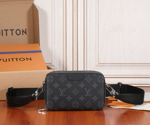Louis Vuitton crossbody bag in dark monogram canvas with top zip and black strap