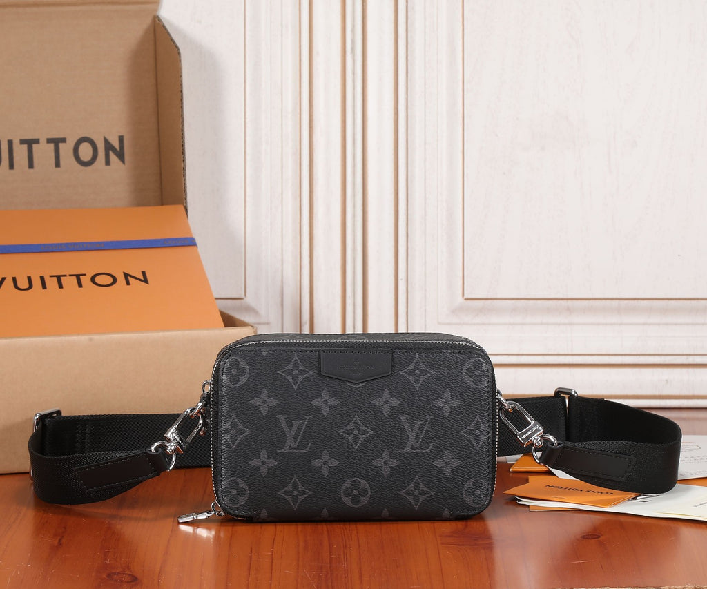 Louis Vuitton monogram crossbody bag with black strap and top zipper